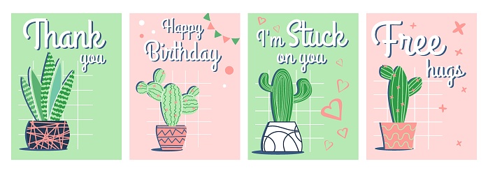Set of greeting cards with cacti in flat style. Colorful illustration of postcards in trendy colors green and pink.
