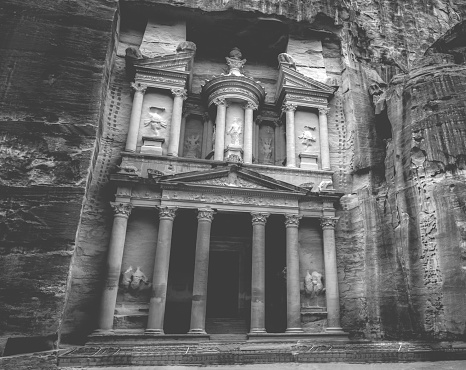 Magnificant and famous facade in Petra Jordan, the treasury or Al Khazna.