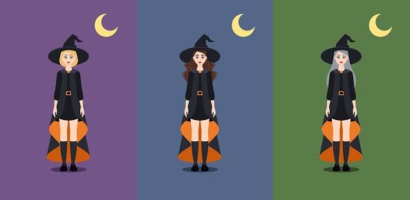 Halloween witches pack. Collection of young beautifull magican for advertisign, marketing, web, banner, or game graphic. Vector