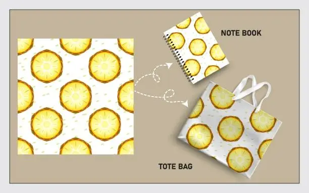Vector illustration of mockup tote bag and note book with slice of pineapple seamless pattern vector.
