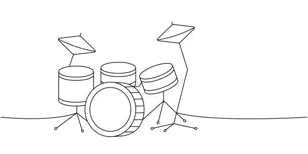 Vector illustration of Drum kit one line continuous drawing. Musical instruments continuous one line illustration. Vector minimalist linear illustration.