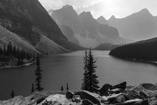 Moraine Lake and Valley of Ten Peaks in black and white, Banff national park, Canada.