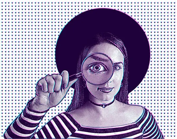 Vector illustration of Female Hand holding magnifying glass with large eye and Glitch Technique