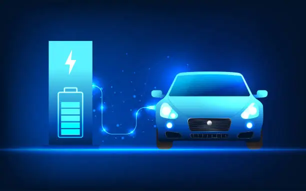 Vector illustration of Electric Car technology that charges the vehicle's battery from an electric vehicle charging station. This refers to electric vehicle technology that is powered by clean energy. Reduce global warming