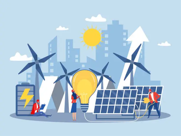 Vector illustration of Clean energy concept.Renewable energy for better future Electricity from solar panels and windmills  Vector illustration in a flat style