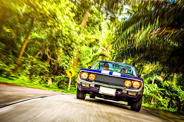 istock Couple driving retro car down the road 168577030