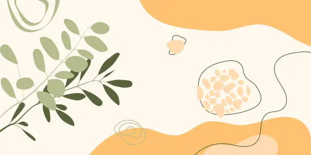 Vector illustration of Abstract liquid background template with eucalyptus leaf and pebbles stones