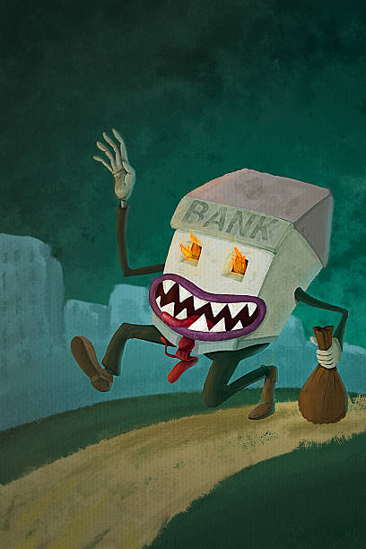Bad bank Raster illustration of a angry bank building running with a bag in his hand. Digital painting by CactuSoup. rasterized stock illustrations