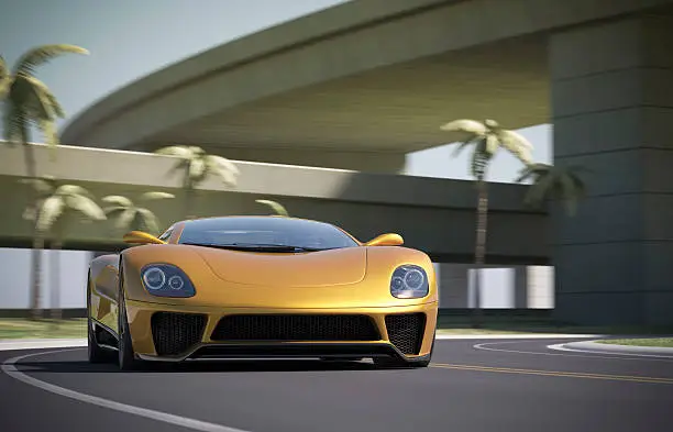 A sleek yellow sports car driving on a road under an overpass. Unique and generic sports car design.  Designed and modelled entirely by myself. Very high resolution 3D render. All markings are ficticious.