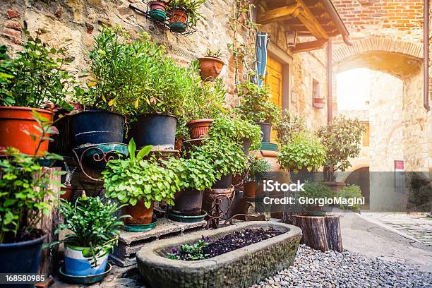 Plantas Em Vaso Tuscan Antiga Aldeia Itália - Fotografias de stock e mais imagens de Aldeia - Aldeia, Ao Ar Livre, Arcaico