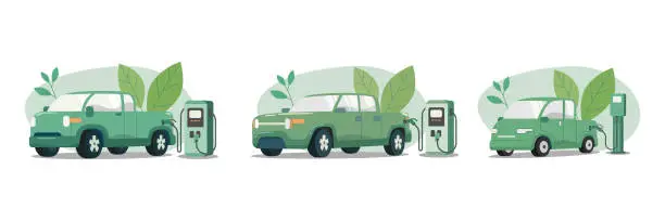 Vector illustration of Set of Eco friendly sustainable, Electric pickup charging station, Clean green energy from renewable sources concept. Vector design illustration.
