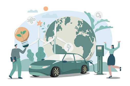 Eco friendly sustainable, Wind turbine and Electric car charging station conserves nature, Clean green energy from renewable sources concept.
 Vector design illustration.