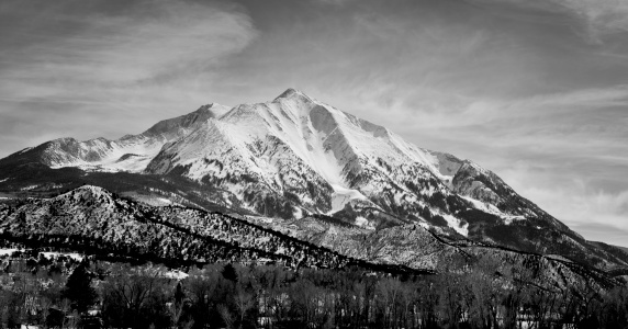 Panoramic black and white shot of an alpine mountain in western colorado, Mt. Sopris