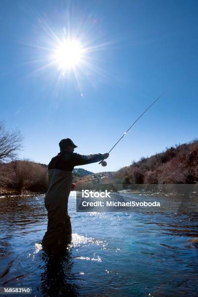 Foto de Silhueta De Pesca Com Mosca e mais fotos de stock de Indústria da pesca - Indústria da pesca, Pescaria, Pescaria com Iscas Artificiais