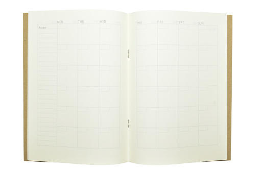 top view image of open planner notebook with blank page, paper isolated on white background