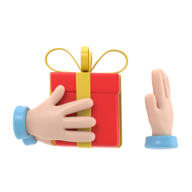 istock Refusal of gift. No corruption concept. Rejecting proposal. Man holding in hand gift box with ribbon. Gesture rejects the proposal. 3D rendering on white background. 1685860713
