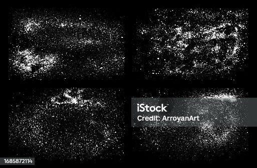 istock Grunge texture effect set. Distressed overlay rough textured. Abstract vintage monochrome. White isolated on black background. Graphic design halftone style concept for banner, flyer, etc 1685872114