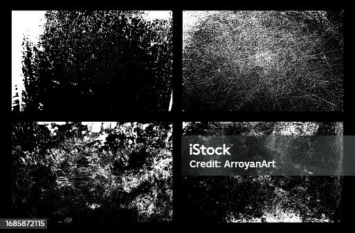istock Grunge texture effect set. Distressed overlay rough textured. Abstract vintage monochrome. White isolated on black background. Graphic design halftone style concept for banner, flyer, etc 1685872115