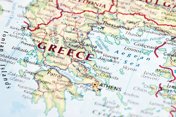 A macro photograph of Greece map