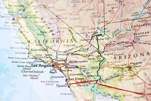 Map of Los Angeles California Photo map of  Los Angeles California. Shallow depth of field, focus on the Los Angeles city of the map and the area nears it. santa barbara california photos stock pictures, royalty-free photos & images