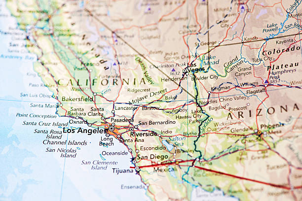 Map of Los Angeles California Photo map of Los Angeles California. Shallow depth of field, focus on the Los Angeles city of the map and the area nears it. santa maria california photos stock pictures, royalty-free photos & images