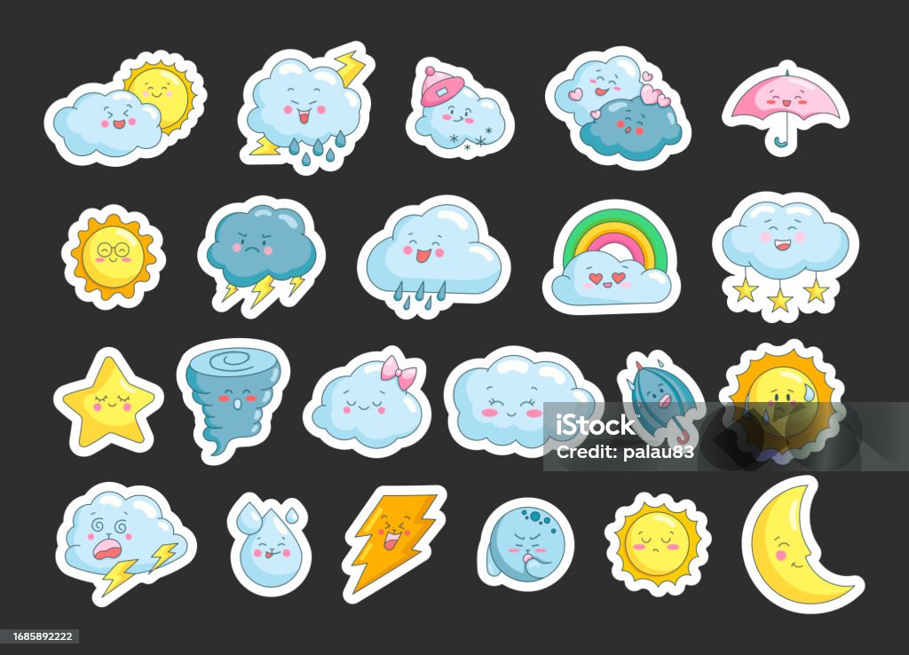 Cute Weather Names Cute Weather Characters Sticker Bookmark Weather Forecast Vector ...