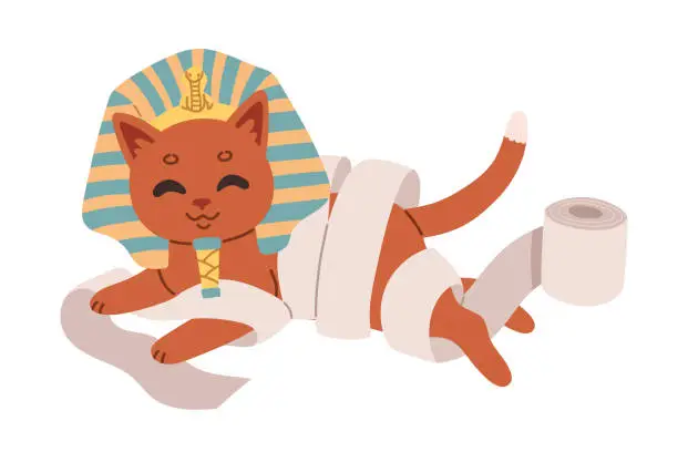 Vector illustration of Halloween cat. Red kitten in mummy costume. Happy halloween costume illustration. Vector illustration