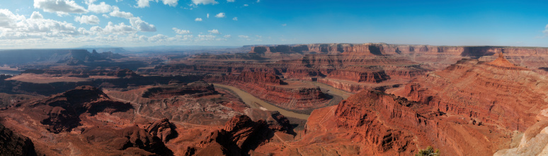 Panoramic view of the Colorado River plateau towards Canyonlands National Park. Taken from Dead Horse Point within Dead Horse State Park near Moab, Utah, USA.