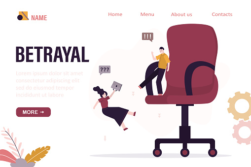 Betrayal, landing page template. businessman pushes colleague down from giant office chair. Hate, bullying at work. gender inequality. Loser woman falls down. Layoff, boss fires an female employee.