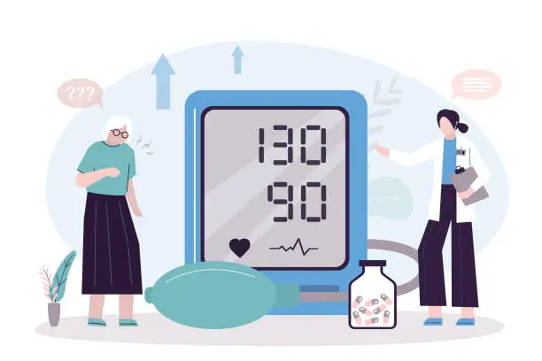 Vector illustration of Old people medical check up. Aged patients healthcare, geriatric patient health support. Doctor helping senior woman checking blood pressure with tonometer in hospital.