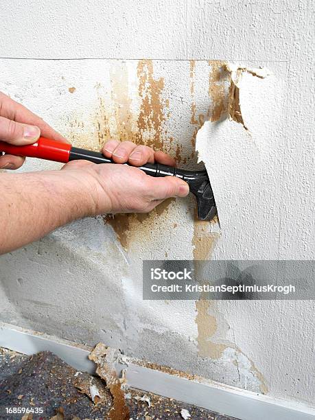 Fixing Damage In Wall Stock Photo - Download Image Now - Adult, Blue-collar Worker, Construction Industry