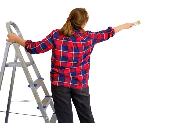 istock Painter in a plaid shirt paints the wall with white paint, isolated on a white background 1685968766