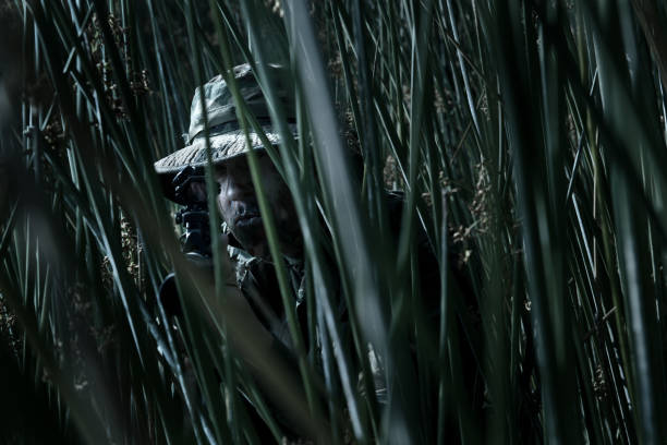 A soldier with a gun hiding in the swamp.