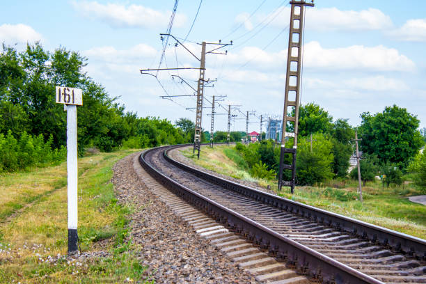 istock Power line poles and railroad tracks. 1685980361