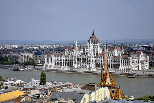 View of Hungarian Parliament on the Danube River early spring morning, Budapest, Hungary