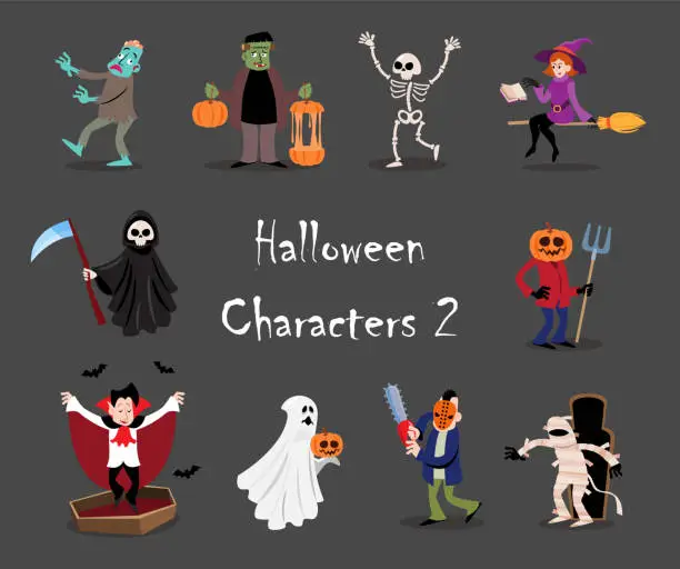 Vector illustration of Halloween cartoon characters . Gray isolate background . Vector . Set 2 of 4 .