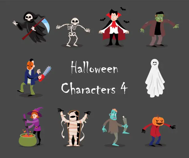 Vector illustration of Halloween cartoon characters . Gray isolate background . Vector . Set 4 of 4 .