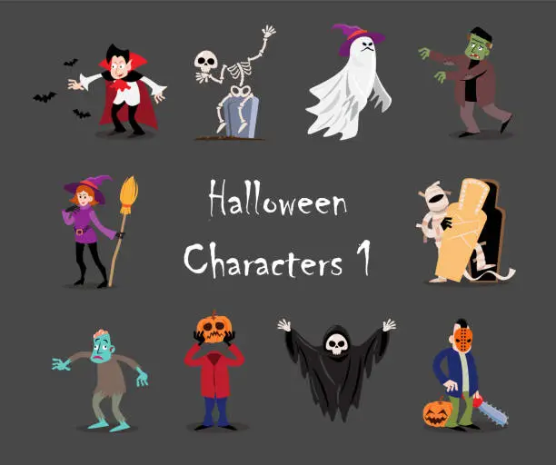 Vector illustration of Halloween cartoon characters . Gray isolate background . Vector . Set 1 of 4 .