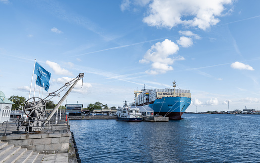 Copenhagen, Denmark - September 15, 2023: Laura Mærsk, the world's first methanol enabled container vessel moored in Copenhagen harbour.