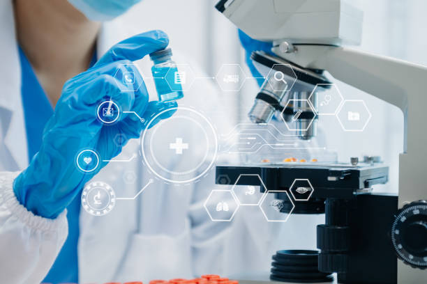 istock DNA molecule testing concepts. The doctor in a mask examines DNA molecules on the chemical laboratory with virtual icon 1686040243