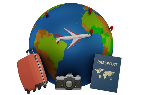 3d rendered image of Earth, airplane, suitcase camera and passport on white background.