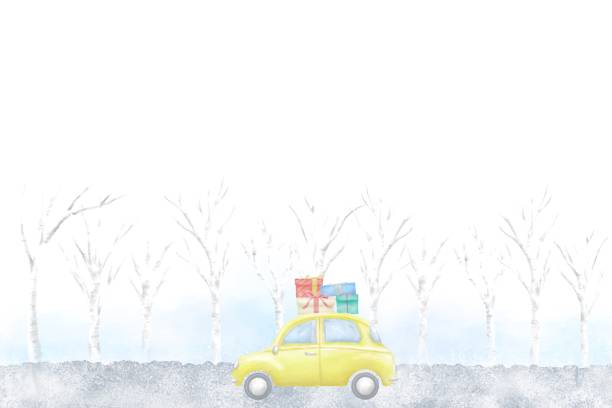 akwarelowa rama żółtego samochodu wiozącego prezenty jadącego zaśnieżoną, wysadzaną drzewami drogą. - bare tree winter sunlight backgrounds stock illustrations