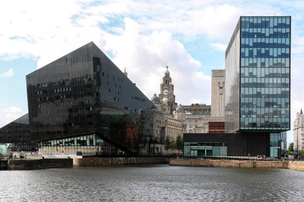 paisagem urbana de liverpool, vista de edifícios modernos na área da ilha mann com o royal liver building ao fundo - albert dock - fotografias e filmes do acervo