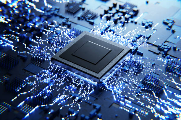 Conventional technologies. New microprocessor. Computer chips and processors on electronic boards. Abstract microelectronics technology concept. Abstract microchip. 3d render. stock photo
