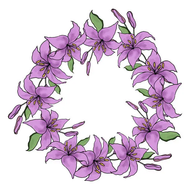 Vector illustration of Lilly flower line art garland circle wreath set, vector background.