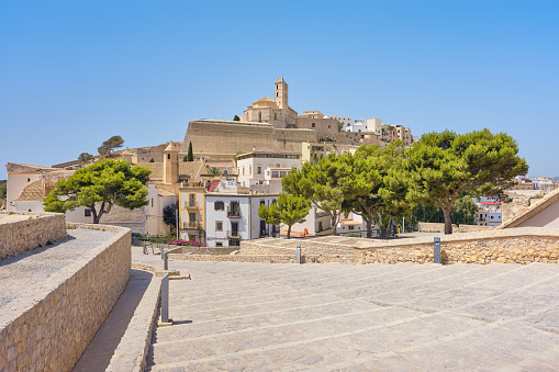 Wide-angle view of Dalt Vila, the old town centre of Ibiza, and its renowned iconic skyline dominated by the cathedral church of Santa Maria de les Neus. The dazzling bright light of a Mediterranean summer morning, a scenic flight of paved steps, lush pine trees. High level of detail, natural rendition, realistic feel. Developed from RAW.