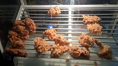 Kentucky fried chicken sold on display on a shelf