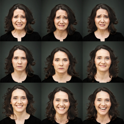 collage de nueve foto de mujer haciendo muchas caras photo