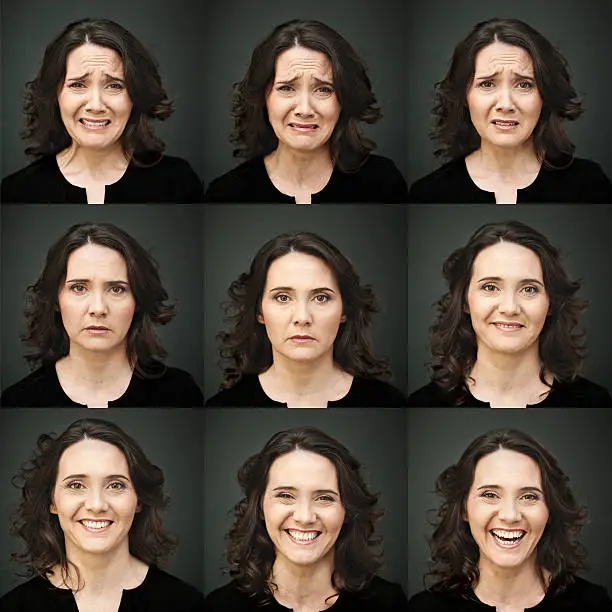 Nine different face expression. Composite of actress performing mood variation. More files of this model and series on port. Made with professional make-up and studio equipment.  Square format.