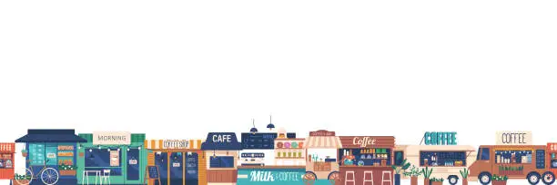 Vector illustration of Seamless Pattern Featuring Charming Street Coffee Houses, Creating Inviting Atmosphere With Quaint Storefronts